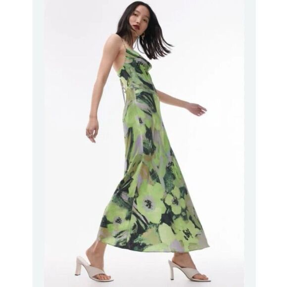 Topshop Women's Size 10 Green Floral Cami Slip Midi Dress - Picture 2 of 9
